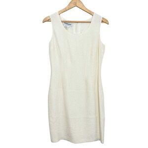 100% Silk VTG Clubhouse Essentials Ivory Textured Jacquard Sheath Dress‎ Sz 8